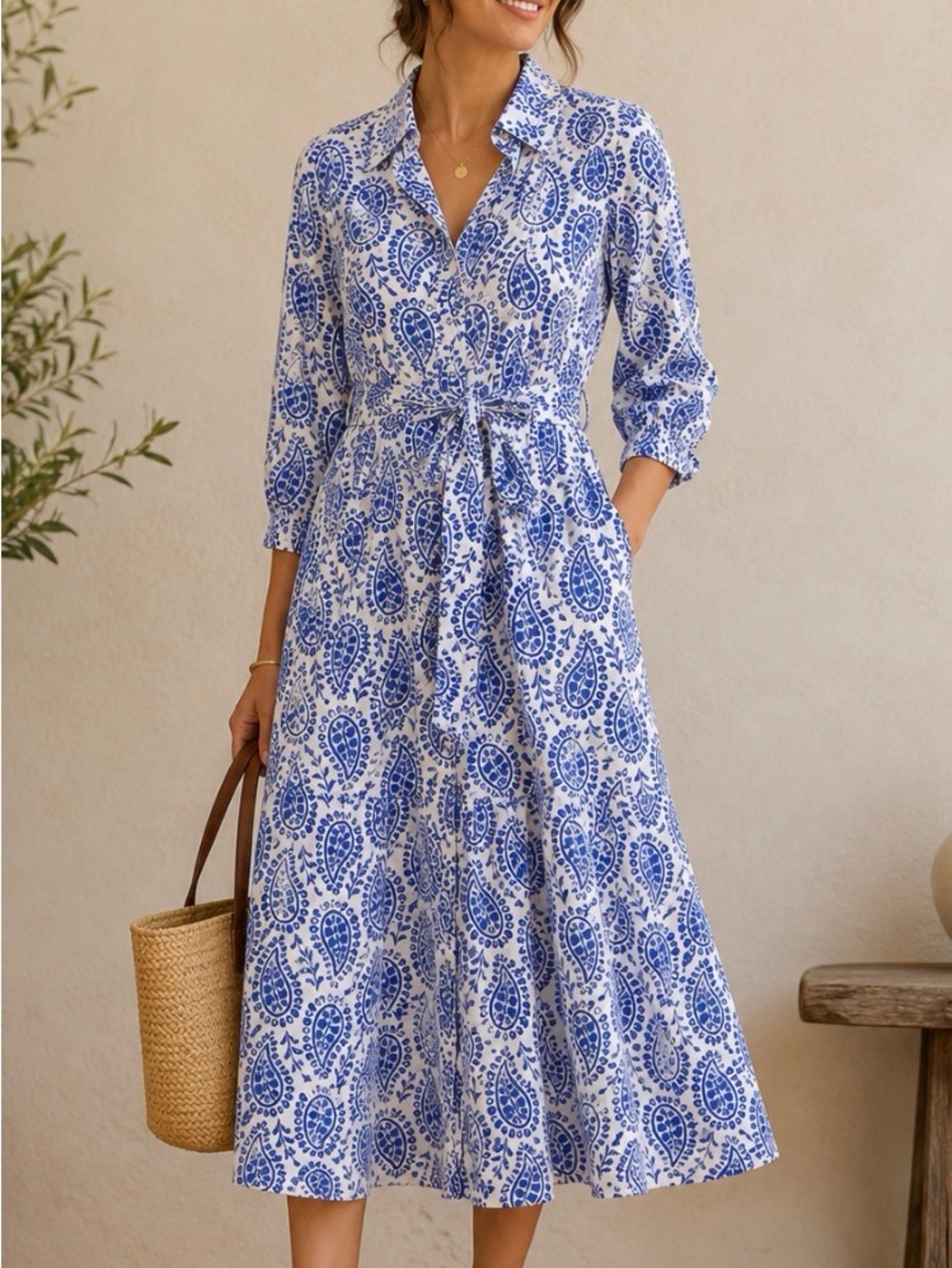 Boden Blue and White Paisley Midi Shirt Dress